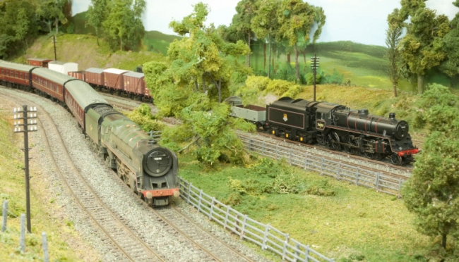 An Up Express passes a Southern freight